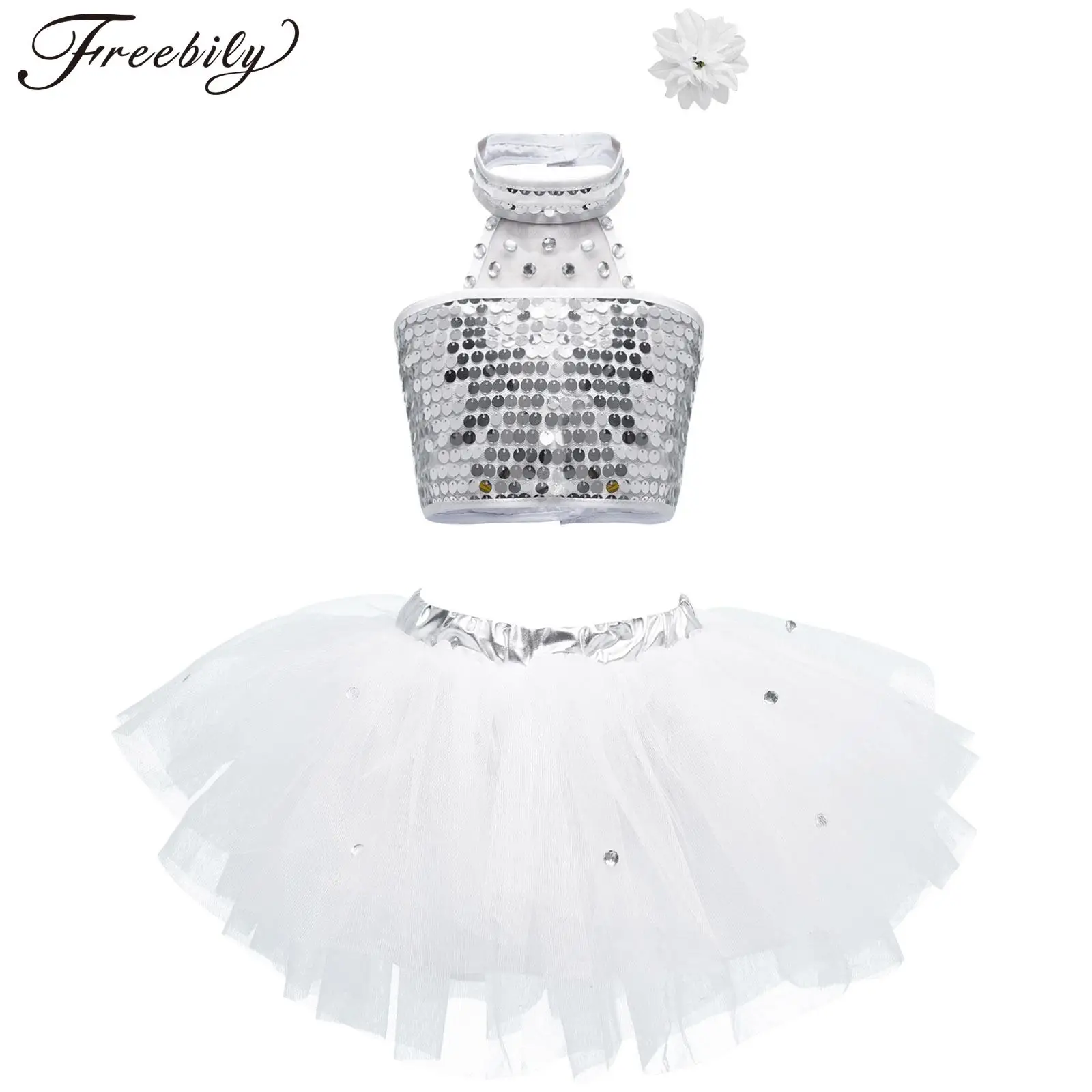 

Kids Girls Modern Latin Jazz Dancing Performance Costume Shiny Sequins Halter Crop Top+Tutu Mesh Skirt+Hairpin Dance Outfits Set