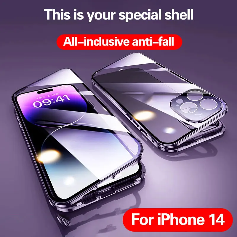 

For iPhone 14 Pro max phone Case.iPhone 11 12 Mini 13 New 360° Full Protection Tempered Magnetic Adsorption Glass cover bag