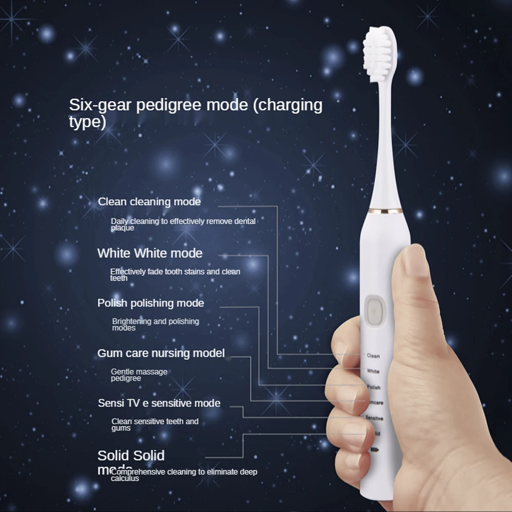 Sonic Electric Toothbrush for Adults Kid 6 Mode Smart Timer Whitening Tooth Brushes IPX7 Waterproof USB Charger Replaceable Head