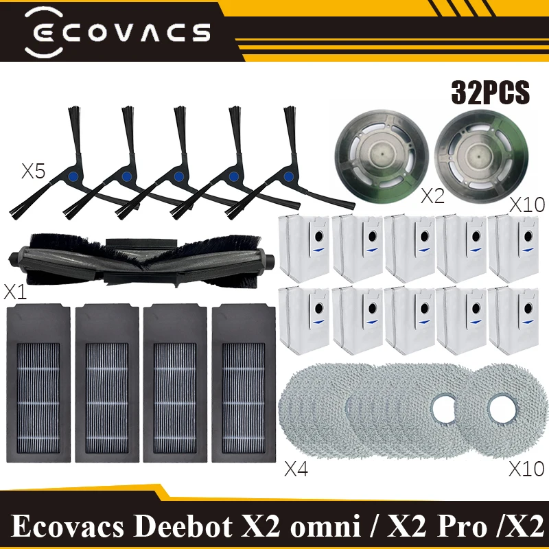 Yivy 15 pezzi accessori per aspirapolvere Ecovacs X2 Omni, Deebot X2, set di ricambio per aspirapolvere 1 spazzola principale, 3 spazzole laterali, 2 filtri ai carboni attivi, 4 salviette, 3 sacchetti