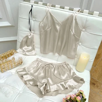 2025 3 قطعة مجموعة بيجامة الحرير الجليد مجموعات موضة الحمالات Soild والسراويل القصيرة مع حقيبة للحمل ملابس المنزل مجموعة الحمالات مثير 6