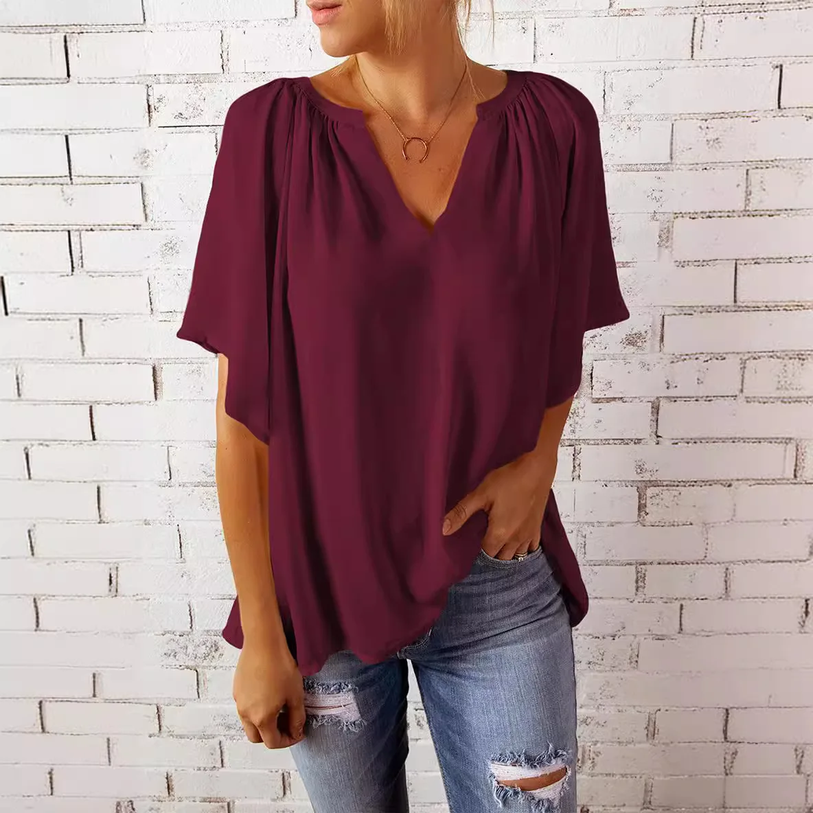 Casual Female V Neck Half Sleeve Loose T Shirts