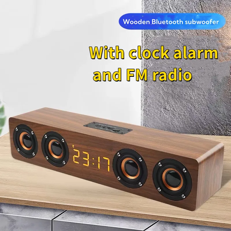 Altoparlante Bluetooth Portatile In Legno Display Orologio Computer Tv Sound Bar Subwoofer Wireless Radio Fm Music Center Echo Wall Boombox