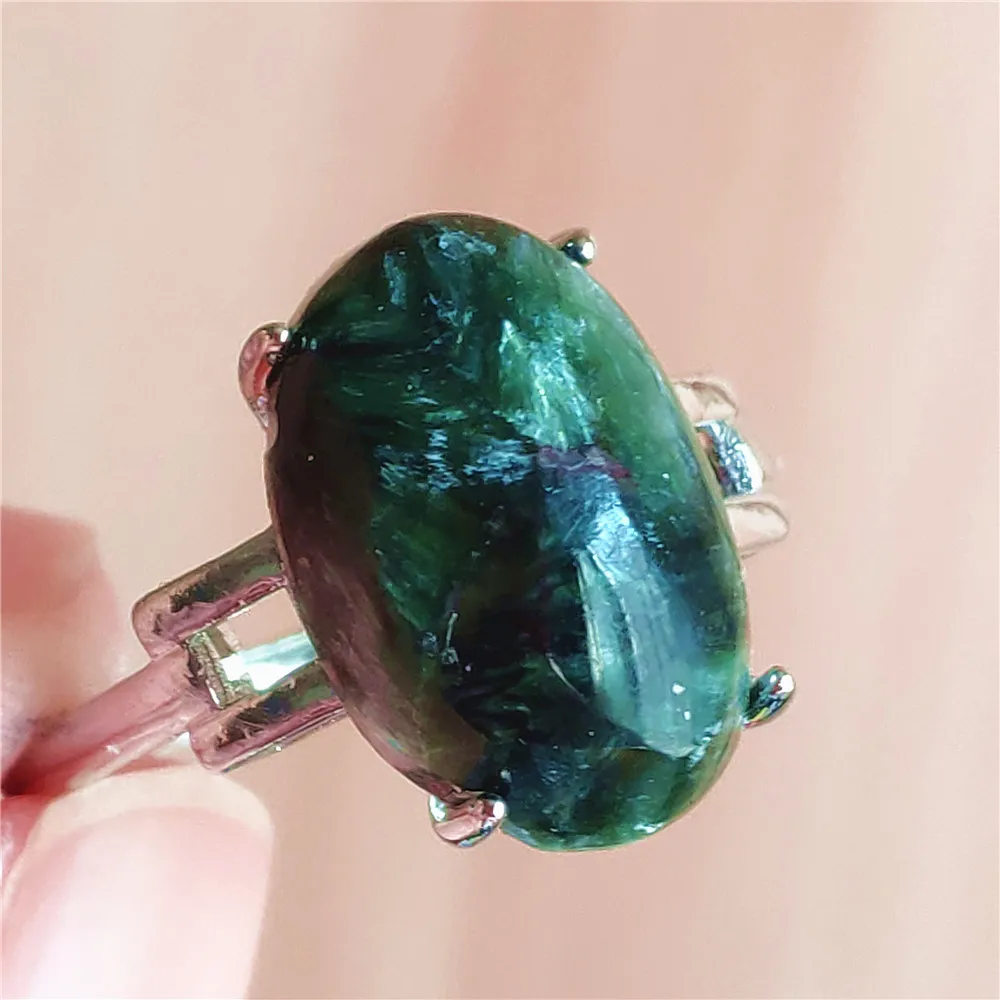 silver rings Natural Green Seraphinite Adjustable Size Ring Women Men Seraphinite Ring Clinochlore Oval Gemstone 925 Sterling Silver AAAAAA gucci ring