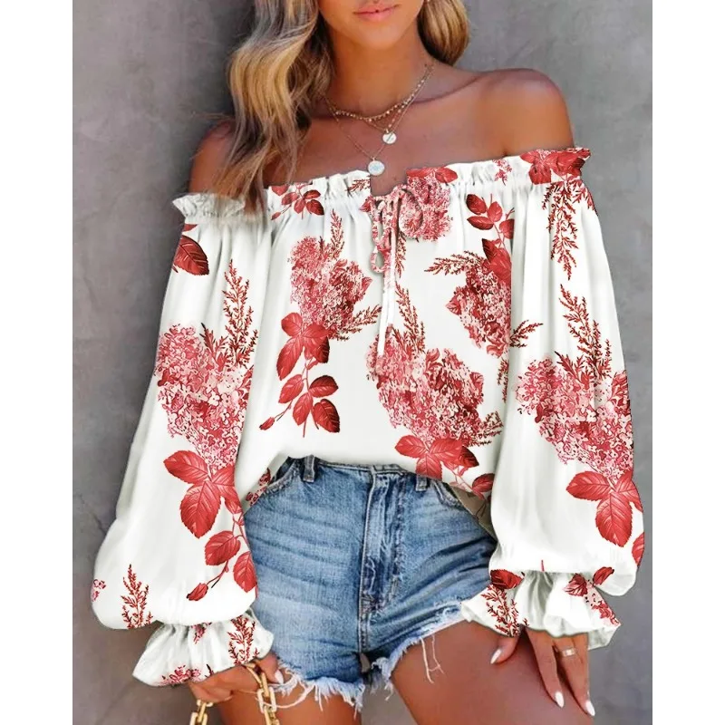 

Spring and Autumn Women's Top Sexy Off Shoulder Tee Printed Ruffle Edge Long Sleeve Pullover T-shirt