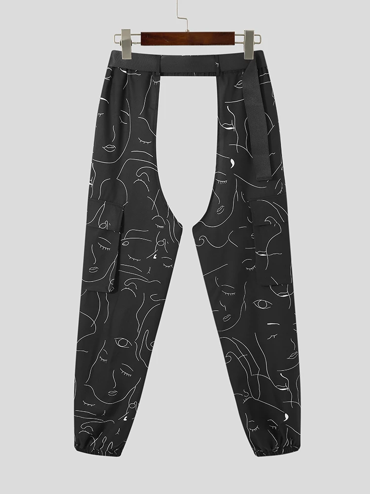 INCERUN 2022 New Men High Waist Long Pants Fashion Casual Male Abstract Face Printing Sense Hollowed-out overalls Trousers S-3XL black cargo pants