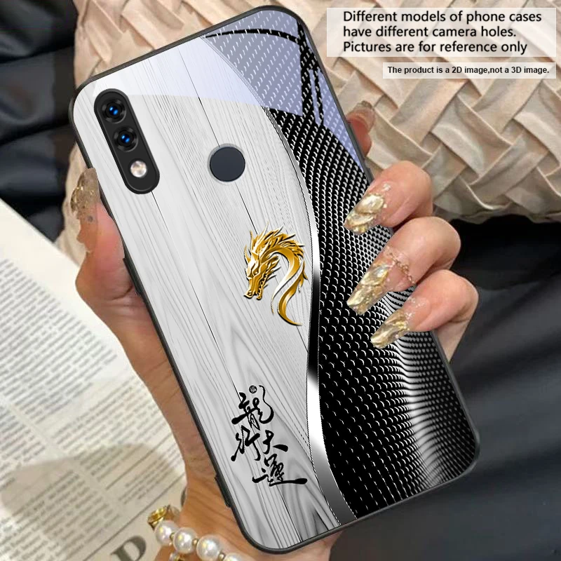 Elegant Black Tempered Glass Phone Case with Traditional Dragon Totem Design