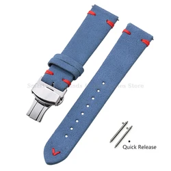 Vintage Handmade Suede Stitch Leather Watch Strap with Quick Release and Folding Clasp - 22mm (LightbluRed - Silver)