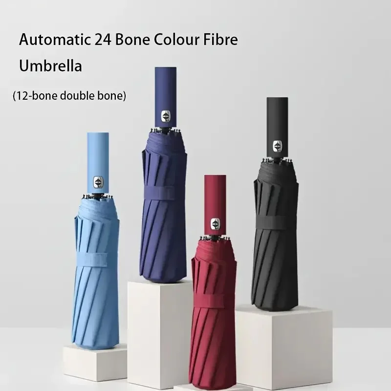 Auto Folding Outdoor Umbrella Triple Fold Sun Rain Resistant Impact Fabric with Black Coated UV Protection Customizable
