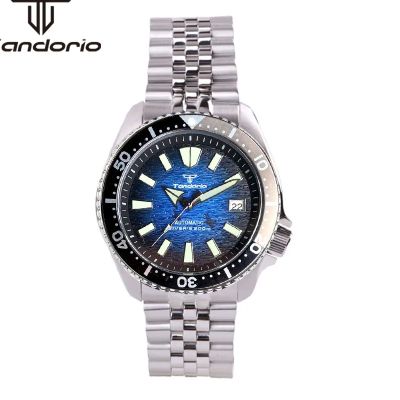 Tandorio NH35A 41mm 200m Automatic Diving Men's Wristwatch Black Blue Dial Luminous Sapphire Glass Date Rubber Steel