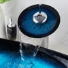 SINLAKU Bathroom Basin Set Blue Tempered Glass Basin Deck Mounted Vessel Single Handle Control With Waterfall Water Mixer Taps 3