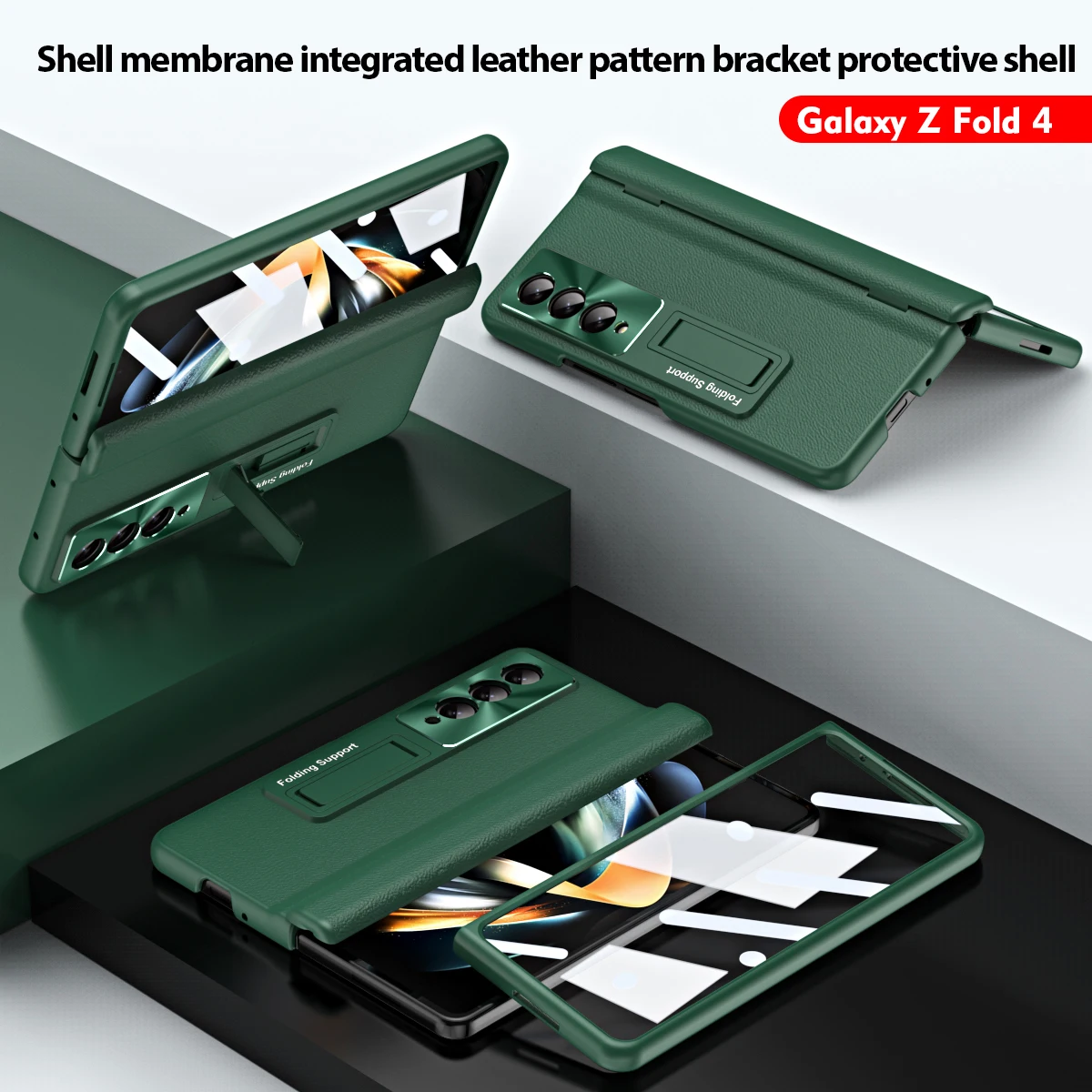 For Samsung Galaxy Z Fold 4 3 Case Shell Membrane Integrated Plain Leather Bracket Folding Hinge All-inclusive Shockproof Cover