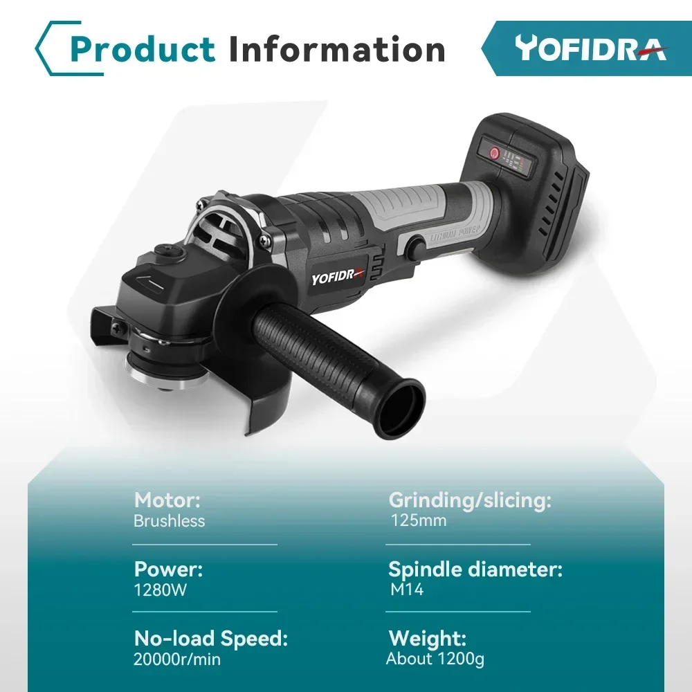 YOFIDRA 125mm Brushless Angle Grinder 3 Gears Variable Efficient Cordless Rechargeable Grinding Power Tool For Makita 18VBattery 4