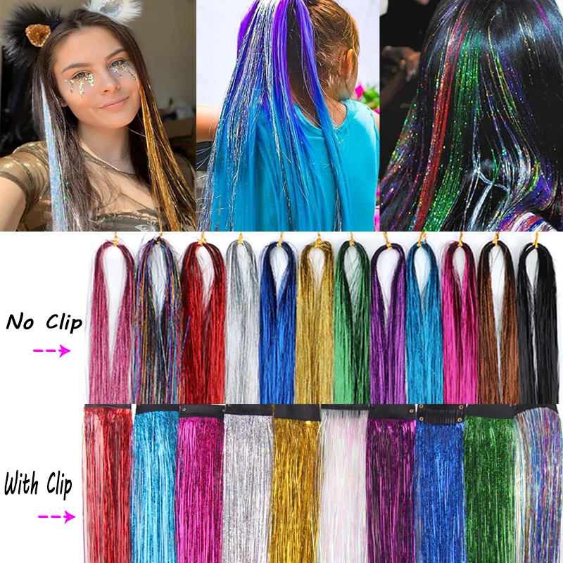 12 color sparkle tinsel clip on hair extensions for girls women glitter party hair accessories 93cm rainbow colored bling piece Sparkle Hair Tinsel Rainbow Colored Strands Girl Headwear Hair Laser False Hair Extensions Bling Decoration Glitter Strips Party