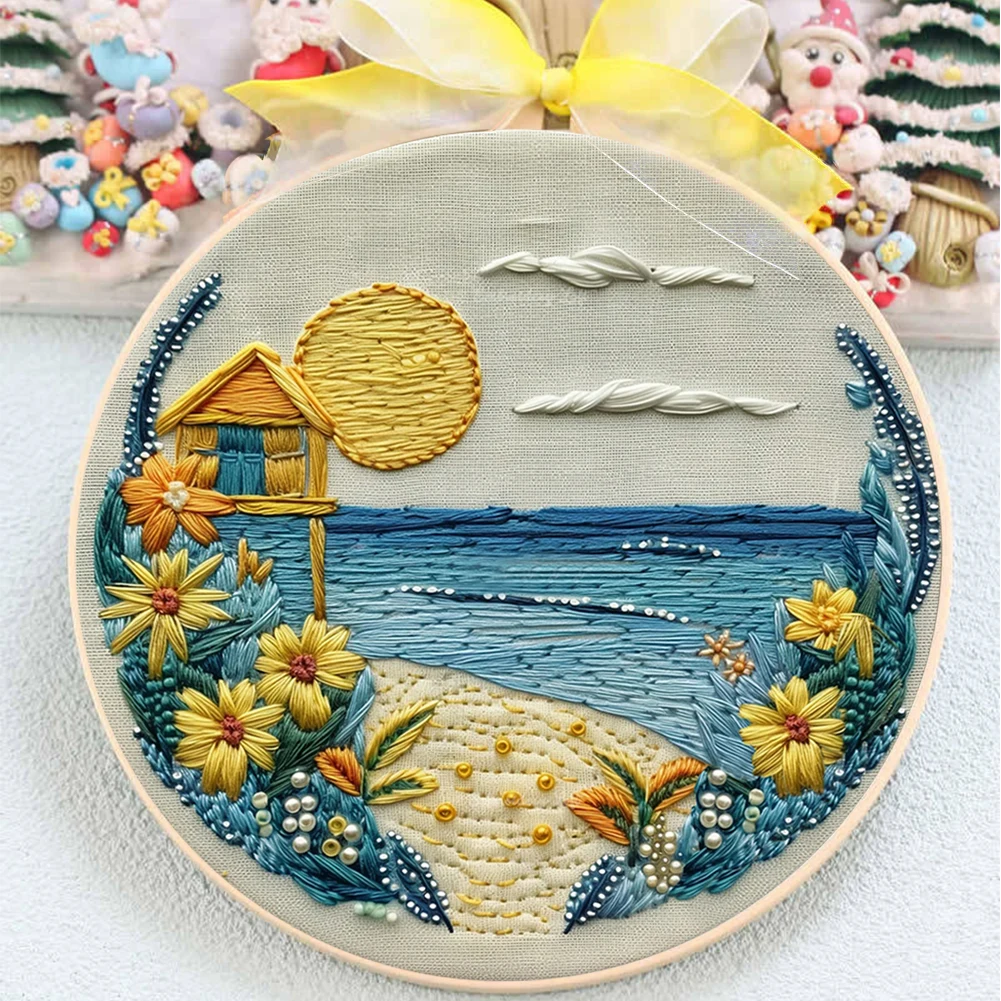 Landscape Stamped Cross Stitch Embroidery Kits with Hoop Cloth Color Thread