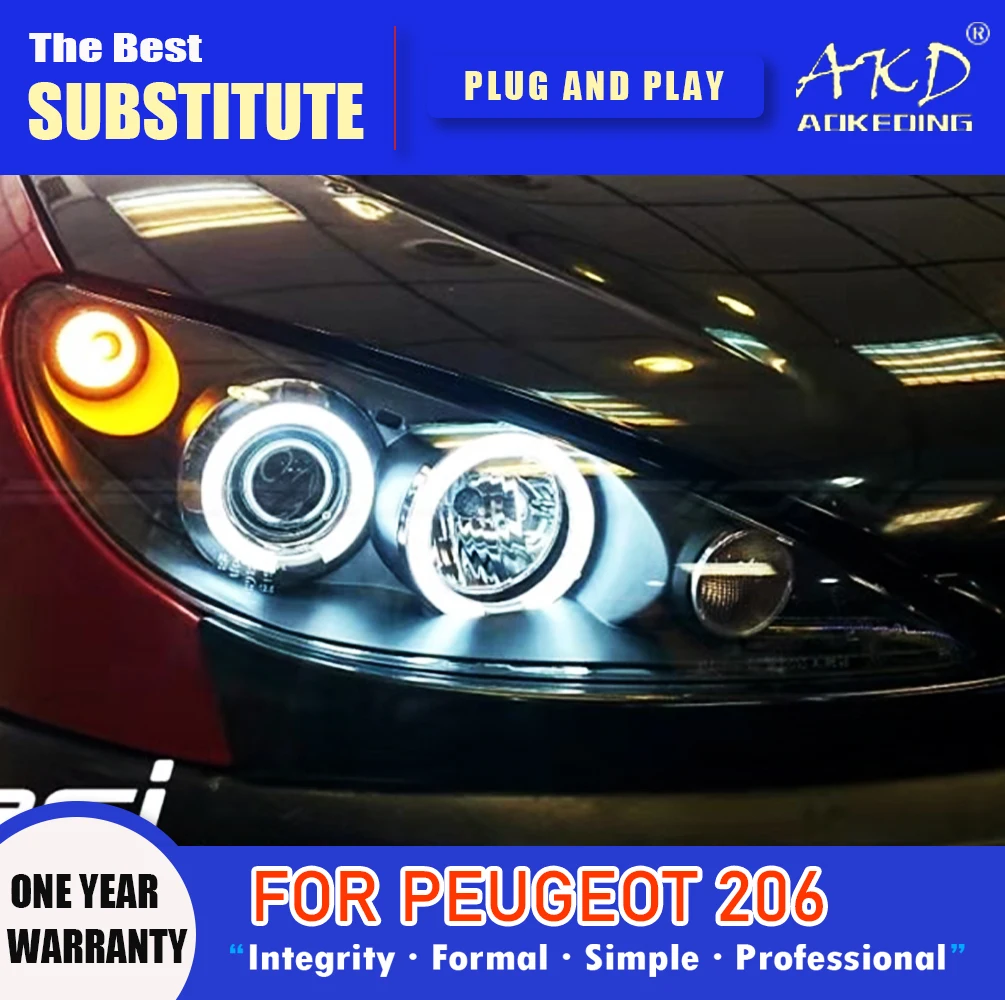 Akd Head Lamp Per Peugeot 206 Led Headlight 2004-2008 Fari Peugeot 206 Drl Indicatori Di Direzione High Beam Angel Eye Obiettivo Del Proiettore