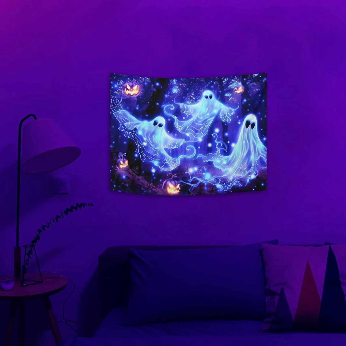 Large UV Reactive Forest Ghost & Pumpkin Tapestry Wall Hanging Halloween Decoration Blacklight Bats Night Sky Home Room Decor