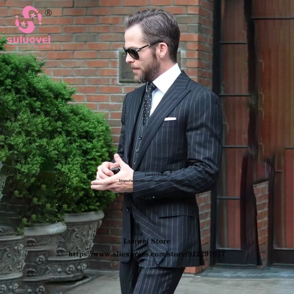 Fashion Pinstripe Double Breasted Tuxedos Suits For Men Slim Fit 2 Piece Pants Set Groom Wedding Blazer Terno Masculino Completo