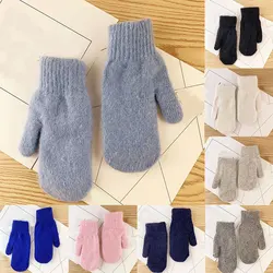 1 Pair Women Girls Gloves Double Layer Short Fur Mittens Thicken Knitted Mittens Solid Color Soft Warm Full Finger Gloves