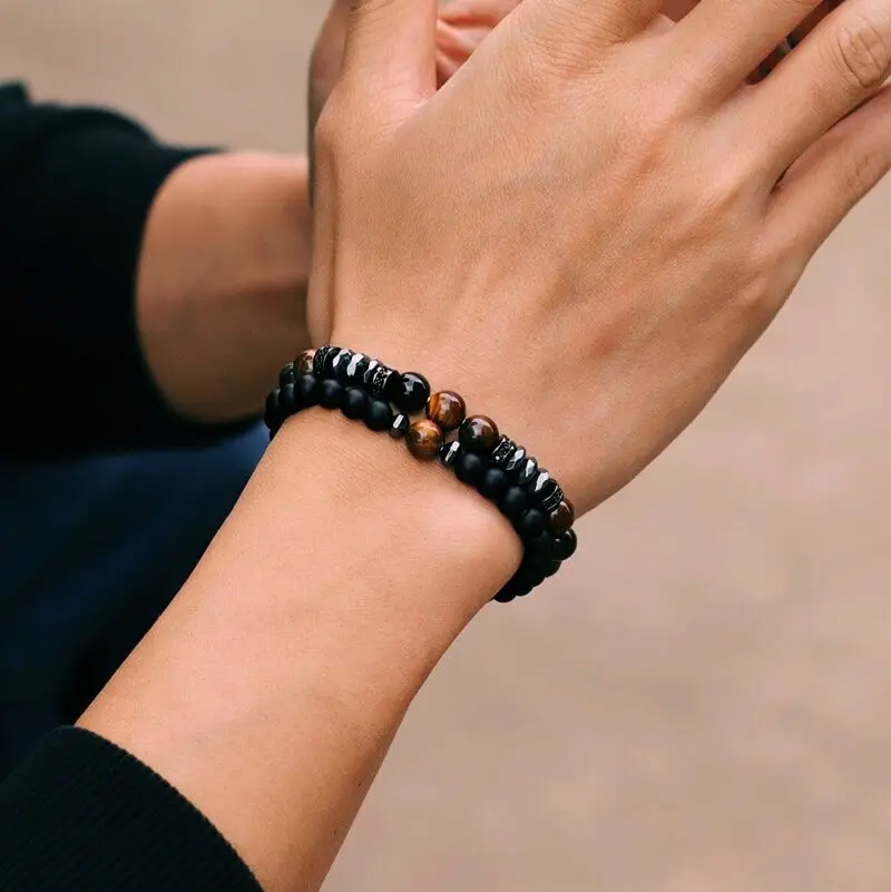 Men Stone Bracelet Luxury Black Zirconia Lapis Lazuli Tiger Eyes