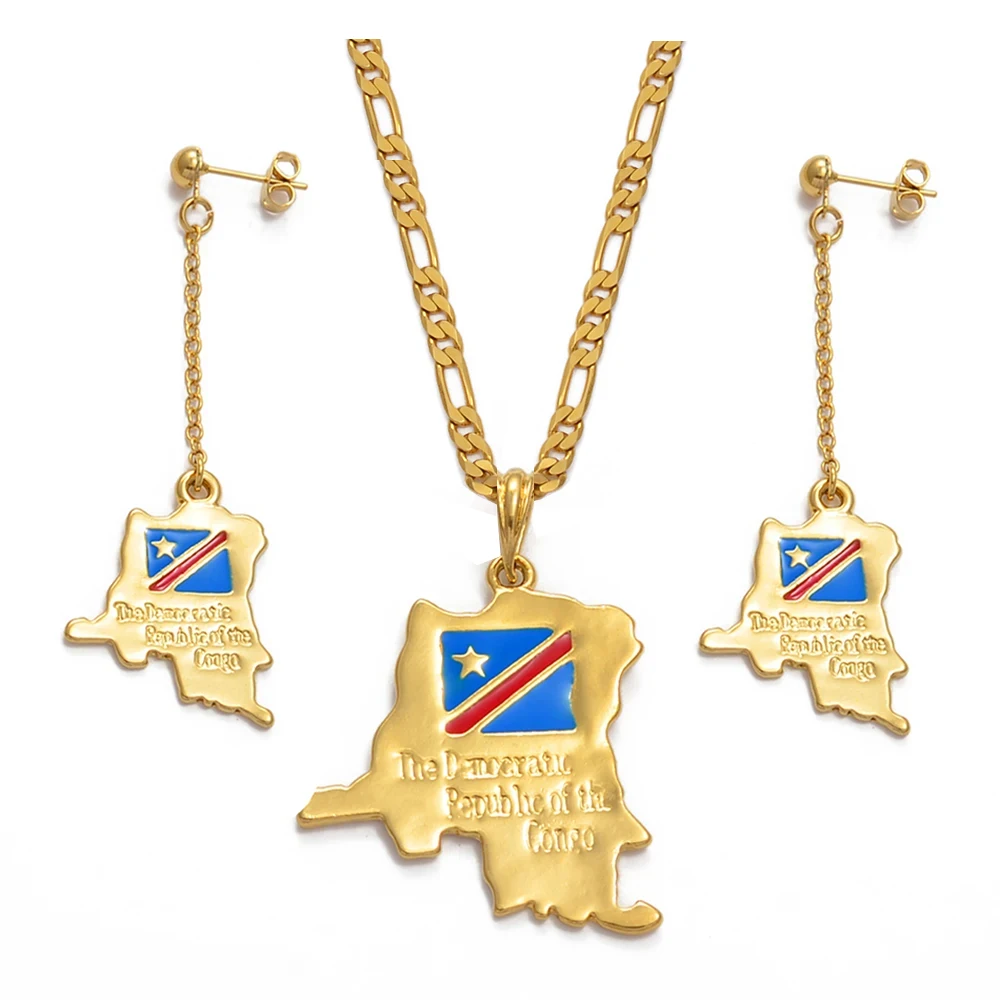 Anniyo Democratic Republic of the Congo Map Necklace Earrings sets Gold Color DRC Pendant Congo Jewelry For Women Girl @046611