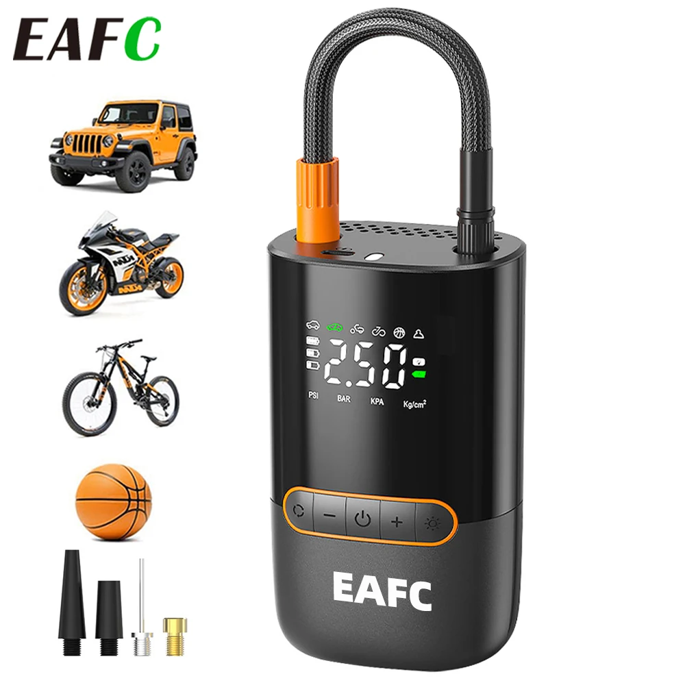 EAFC Elektrische tragbare Luftpumpe, Reifenfüller, Notbeleuchtung, Autoreifenfüller, LCD-Display, tragbare Luftpumpe für Auto, Motorrad, Fahrrad, Bälle