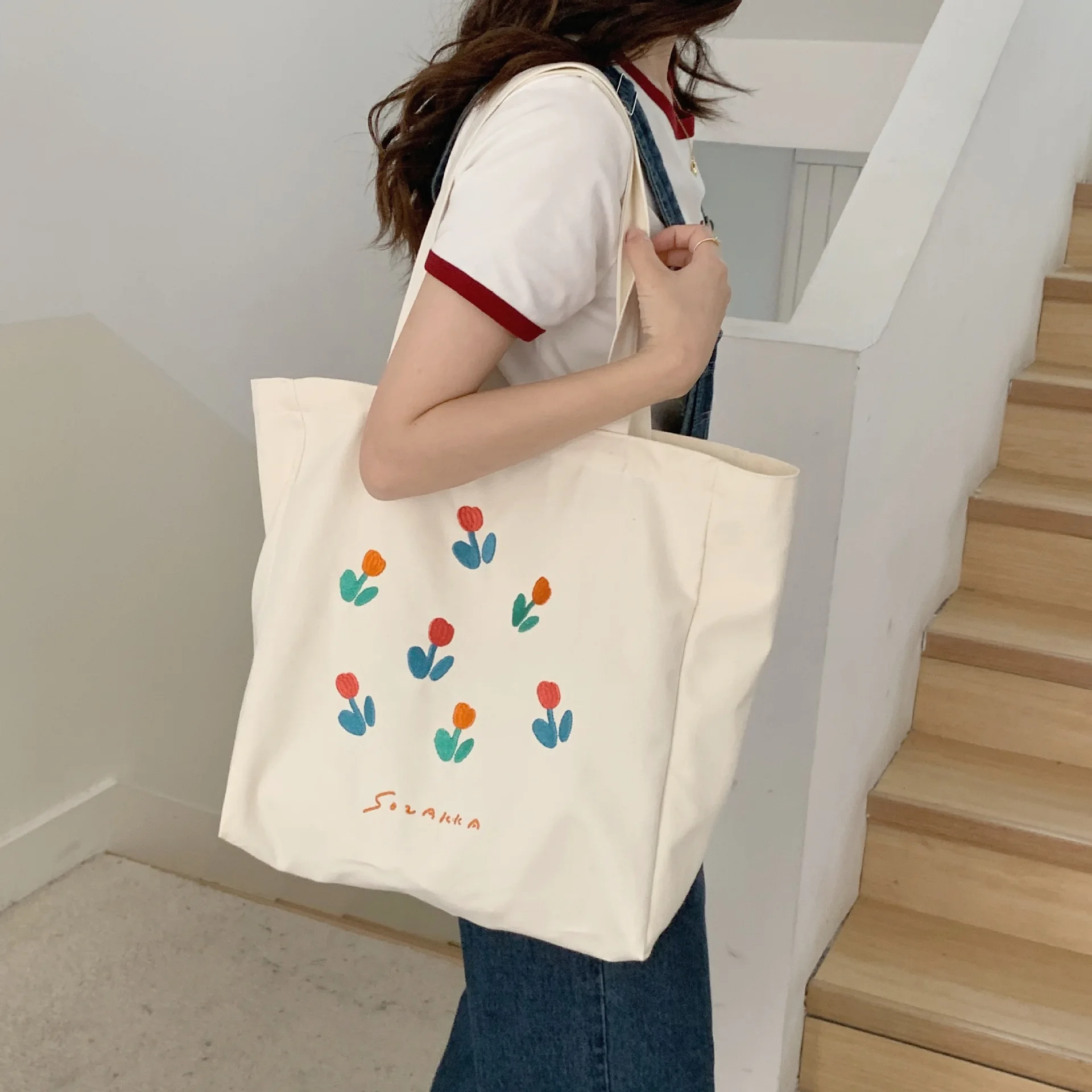 Colorblock Tulip Shoulder Canvas Bag Simple Small Fresh Student Class Tote Bag Tote Bag