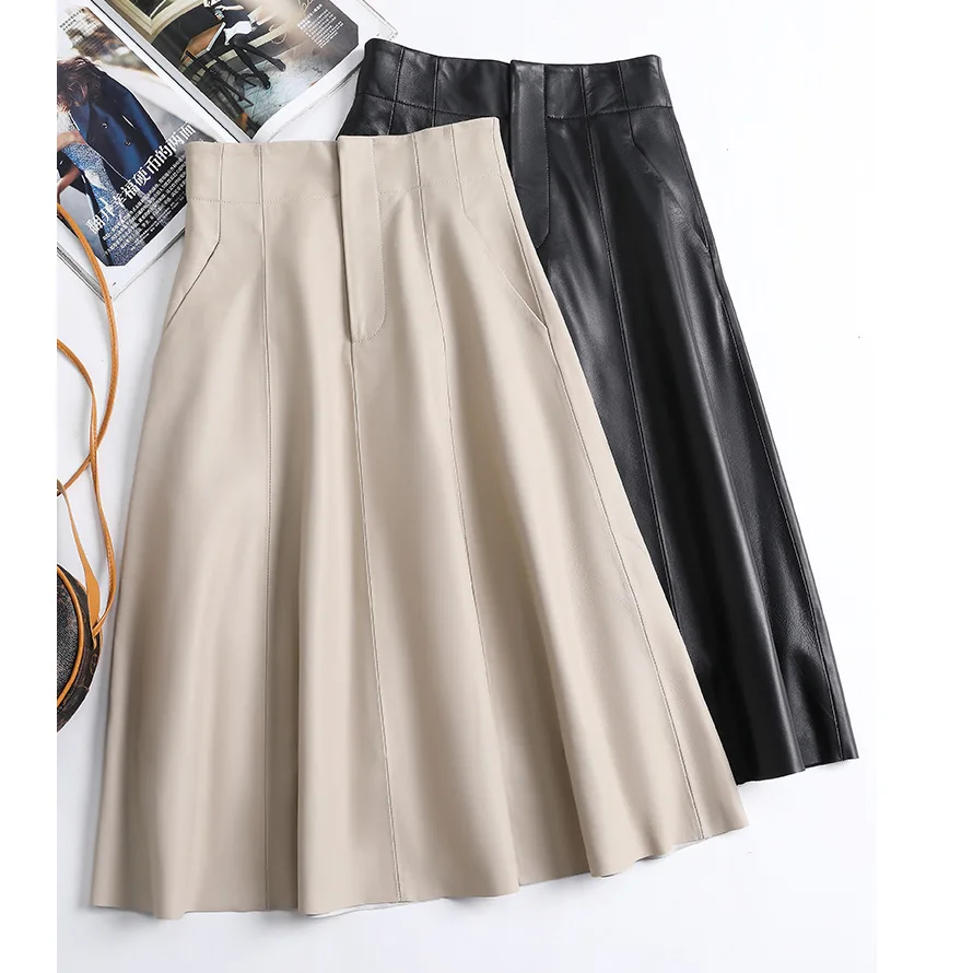 

Genuine Leather Skirt, New Year's Minimalist And Casual Style, High Waisted Design, A-Line Sheep Leather Long Skirt, Umbrella Sk