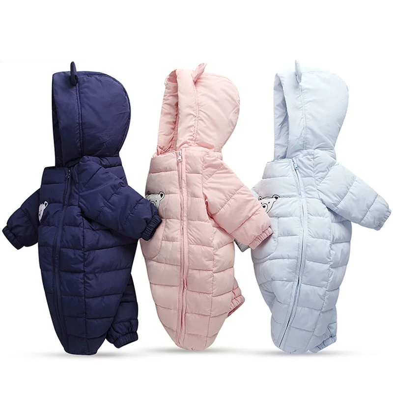 Autumn Winter Baby Girls Romper Thick Cartoon Ear Hooded Baby Boys Snowsuit Toddler Cotton Overalls Newborn Jumpsuits