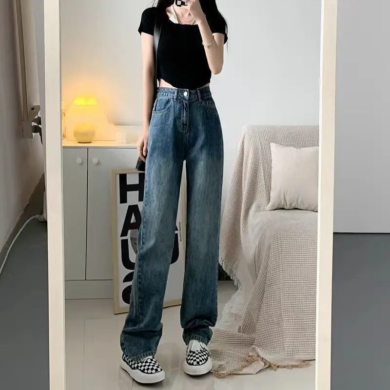 봄, 가을 한국 스타일 인스 레트로 스트레이트 하이웨이스트 여성용 청바지, 다용도 트렌디 루즈 슬리밍 와이드 레그 아빠 바지