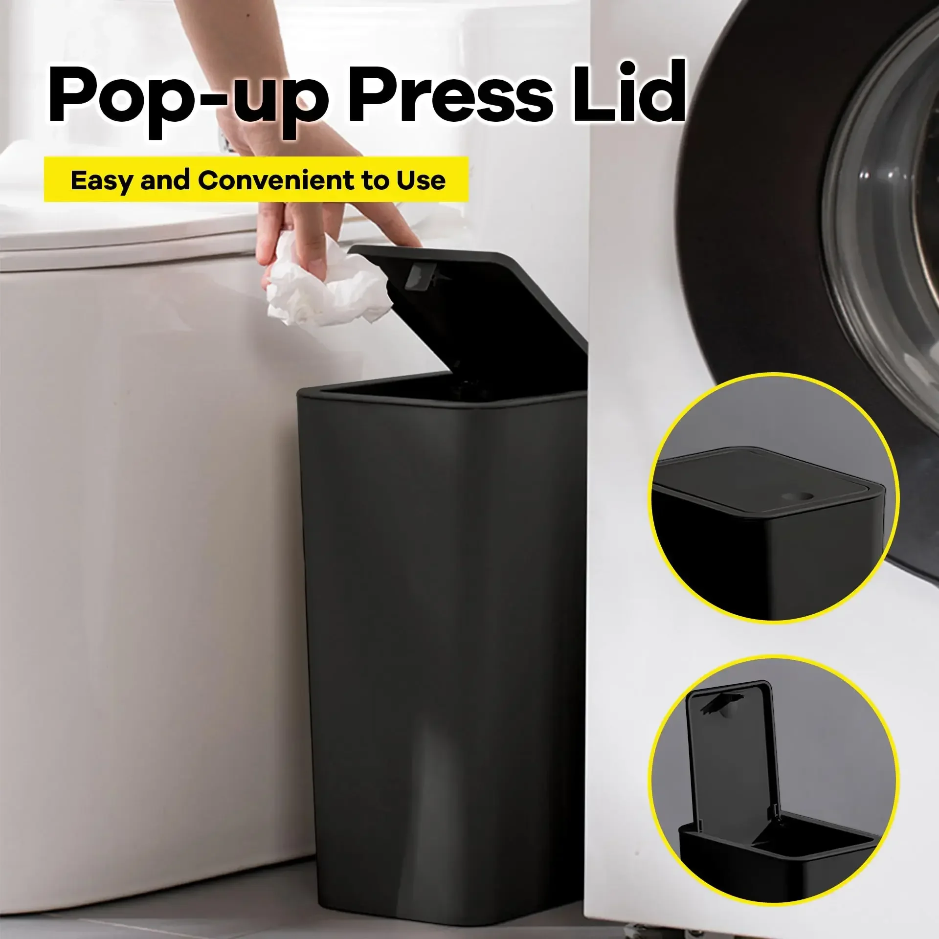 Bathroom Trash Can 10L Small with Press Top Lid for Toilet Bedroom Living Room Plastic Wastebasket
