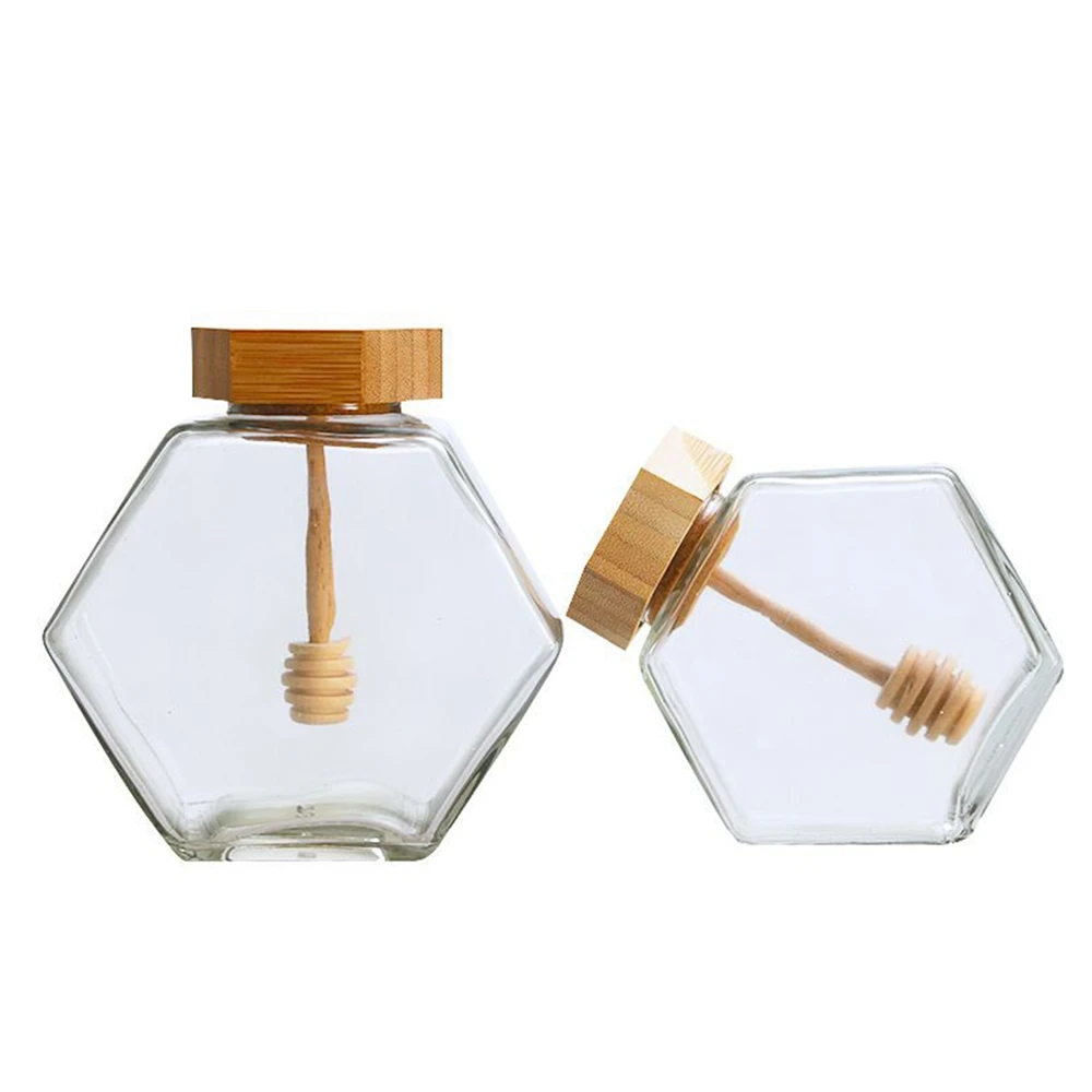 Hexagonal Glass Honey Bottle with Wooden  Pot Stirring Rod Sealing Clear Jam Jar Kitchen Home Storage 220ML/380ML 3