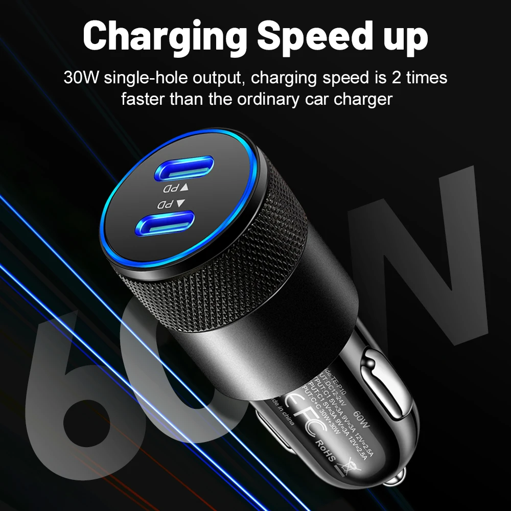 PD QC Pull Ring Fast Charging Car Charger USB C Car Phone Charger Adapter For iPhone Xiaomi Huawei Silver/Black Color Car Charge