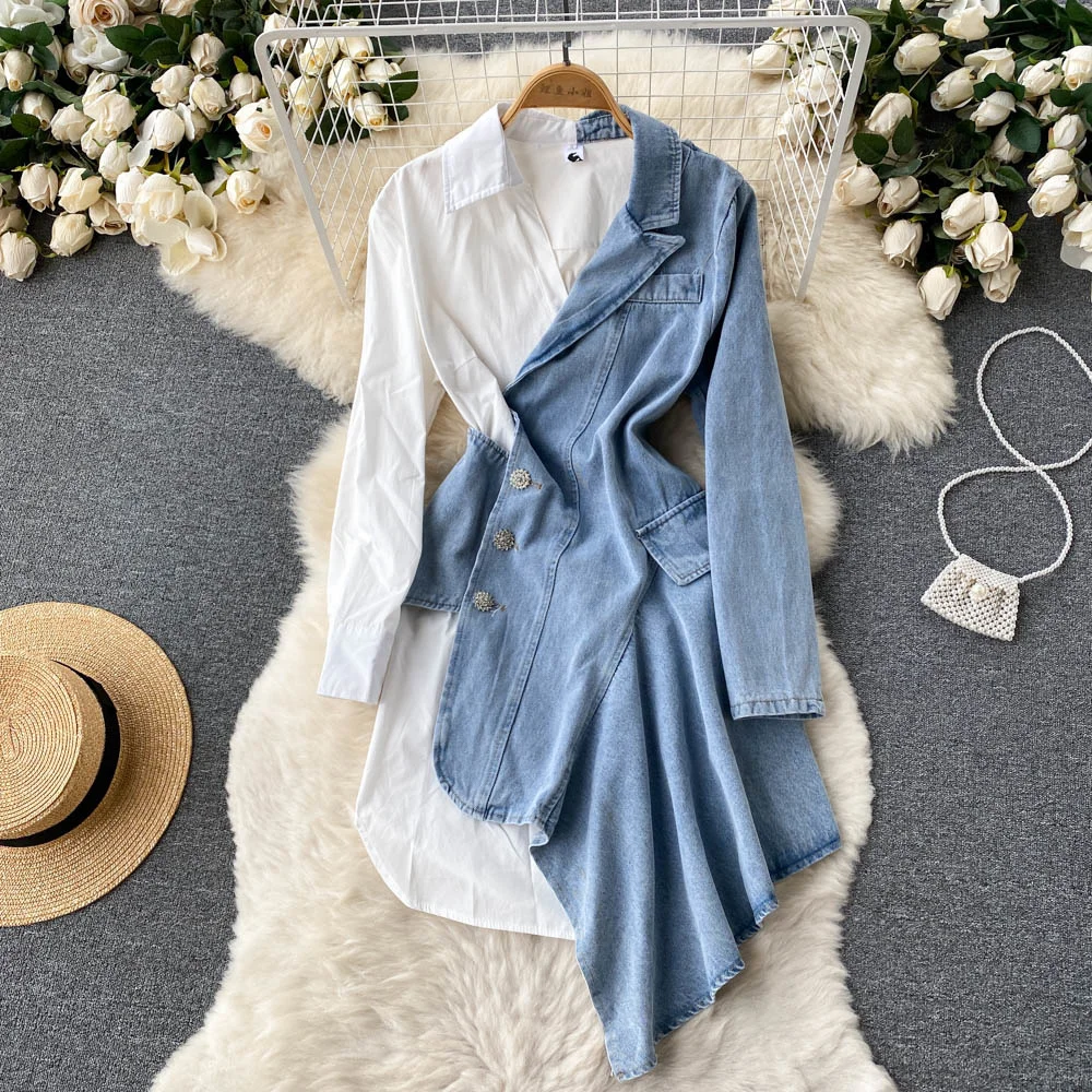 

2023 Spring Autumn New Arrival Irregular Long Sleeve Shirt Denim Dress Unique Design For Women Streetwear Trendsetters