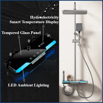 ระบบฝักบัวแสดงอุณหภูมิพร้อมแสงโดยรอบ ชุดก๊อกน้ำฝักบัวห้องน้ำดิจิตอลอัจฉริยะ สีเทา ชุดฝักบัวห้องน้ำแบบฝนตก 2