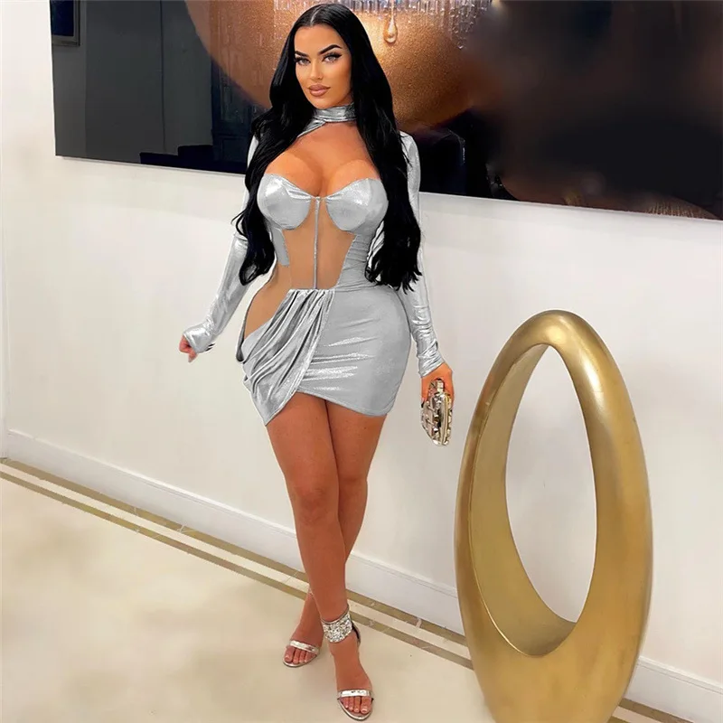 

Metallic Color Mesh Patchwork Mini Dress Party Evening 2023 Autumn Fashion Irregular Hollow Out Long Sleeve Slim Fit Vestidos