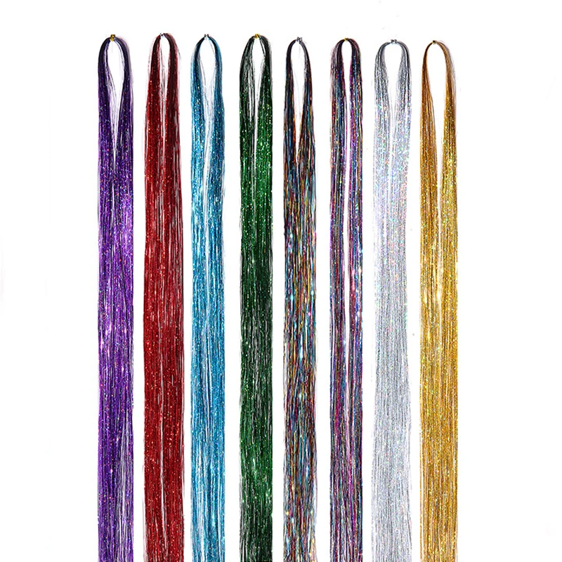 90cm Shiny Sparkle Threads Glitter Hair Tinsel Rainbow Strands Gold Hair Laser False Hair Extensions For Women Girl Kids Styling 5