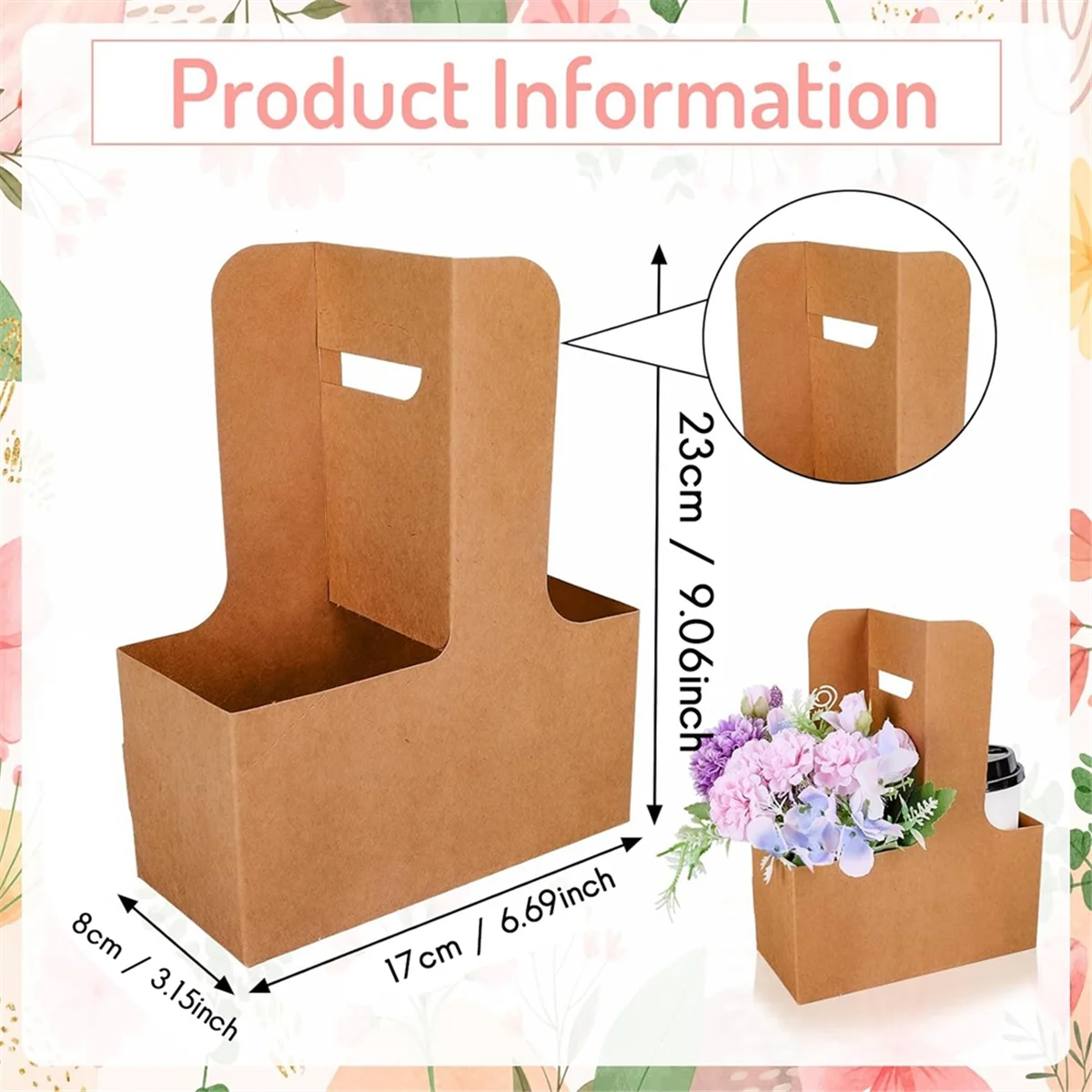 Kraft Flower Gift Bags 25Pcs Drink Carrier with Handle to 2 Cup Rectangle Floral Wrap Packing Box Kraft Flower Holder