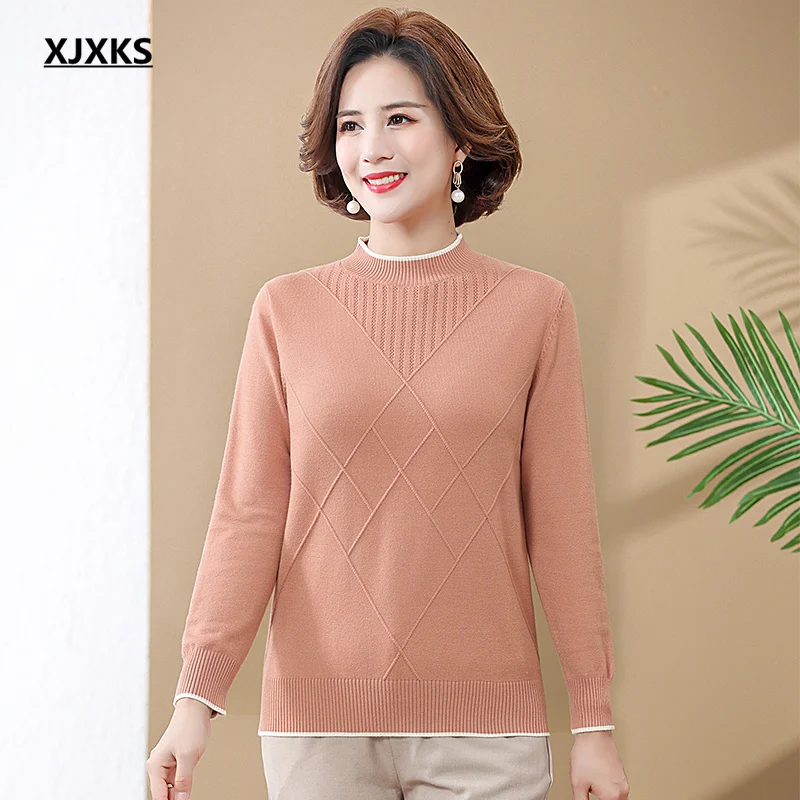 

XJXKS 2023 Autumn And Winter New Warm Soft Wool Knit Sweater Women's Pullover Loose Oversize S-5XL Half High Neck Top