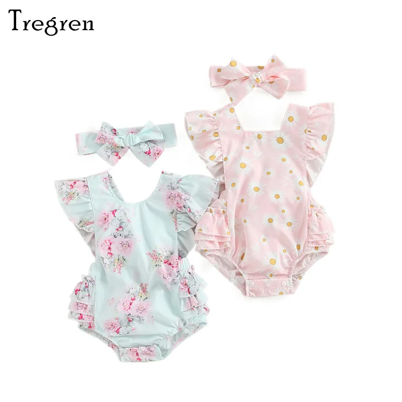 

Infant Baby Girls Romper Floral Print Ruffle Short Jumpsuit and Stretch Headband Cute 2pcs Clothes Sets For 0-18Months