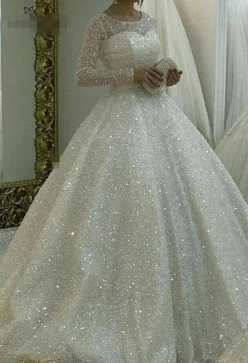 

Modern Scoop Neck Long Sleeves Plus Size Wedding Dress Vestidos De Novia Full Shinny Sequin Ballgown Puffy African Bridal Gown