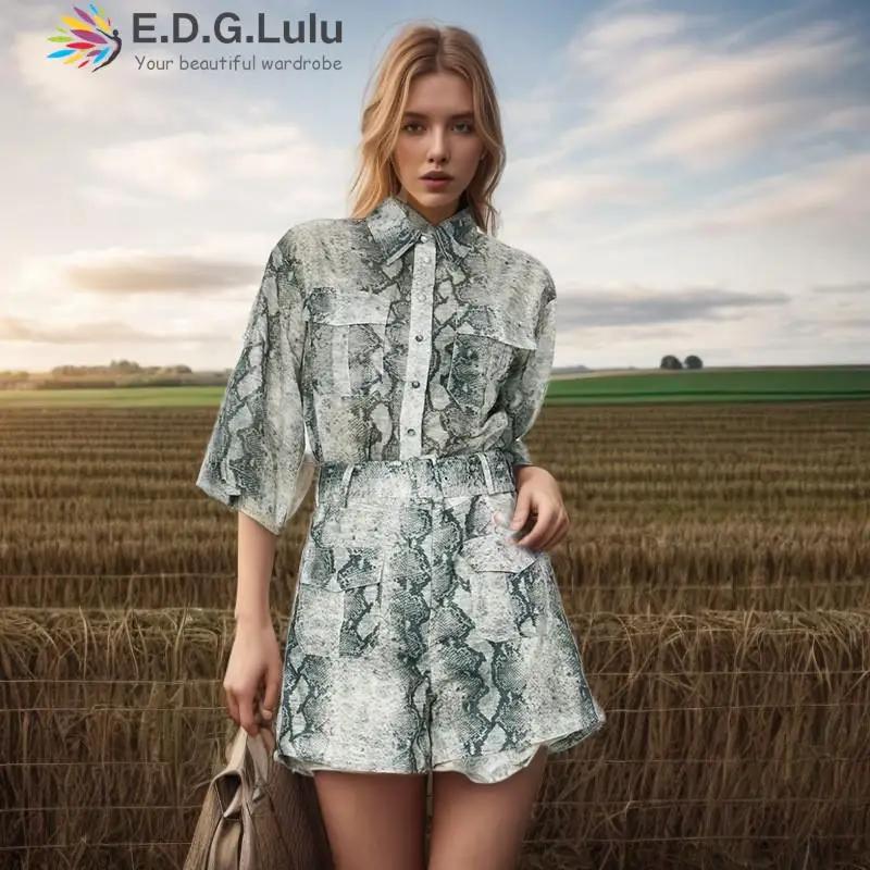 

Повседневные пляжные шорты EDGLuLu с принтом, женские шорты с коротким рукавом и отложным воротником, Женский костюм 2024, весенний женский комплект 0114