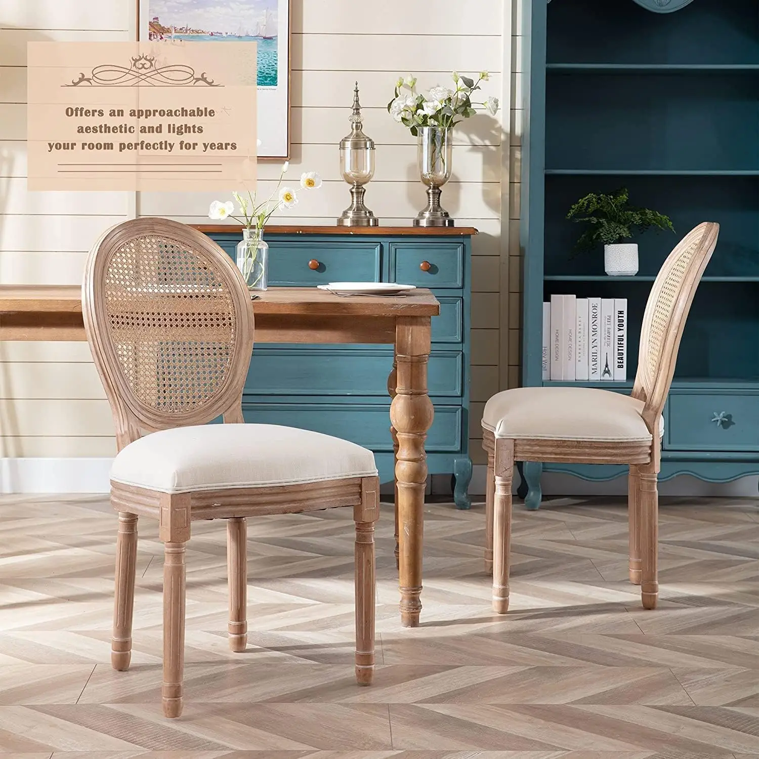 Farmhouse Fabric Dining Room Chairs Set of 6,French Chairs with Round Back, Rattan Dining Chair,Oval Side Chairs for Dining Room