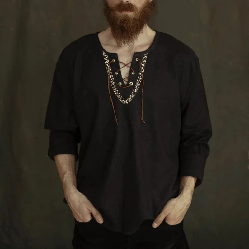 In Cotone Camicia Da Uomo Con Lacci Stile Retrò Medievale - Vichingo, Rinascimentale, Hippie Camicia Con Lacci