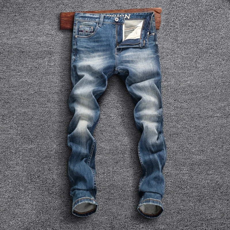 Italian Style Fashion Men Jeans Stretch Slim Fit Ripped Jeans Men Plain Washed Retro Blue Vintage Designer Denim Pants Hombre