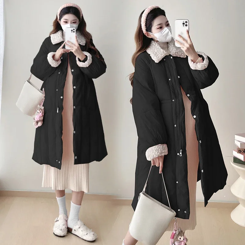 Winter Maternity Clothes Berber Fleece Turn-down Collar Patchwork Lantern Sleeve Button Fly Down Coats Pregnancy X-Long Outwear