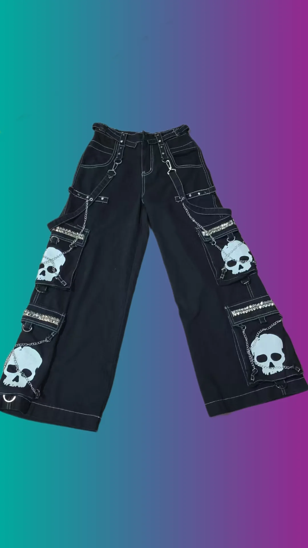 Jeans Desain Tulang Tengkorak Merek Rantai Fashion Jalanan Celana Kaki Lebar Pria Gaya Harajuku Retro Celana Longgar Multi-rantai Rock Jalanan