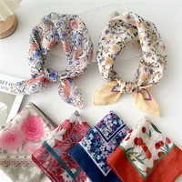 55cm Girls Cotton Linen Spring Summer Square Scarf for Women Korean Chic Headband Fashion Decorative Hairband Floral Neck Scarf 2
