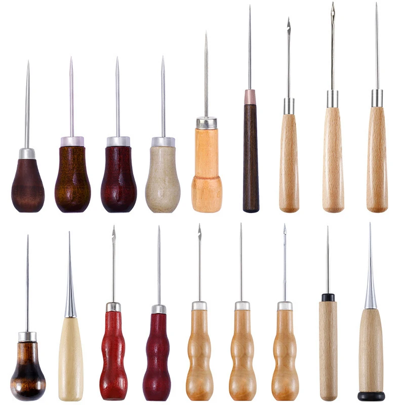 1Pc Complete Awl Set Small Size Wooden Handle Metal Tip Leather Stitching Awls for Home Sewing Leather Making and Hole Punching
