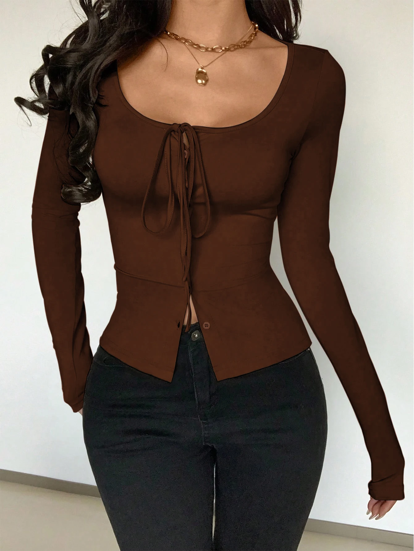 Fashionable all-season versatile women's clothing long-sleeved plain color button detail cardigan 3